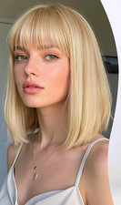 Short Bob Warm Light Blonde Highlight with Bangs 100 Human Hair Lace Wigs 10"
