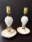 Milk Glass Table Lamps Pair Hobnail White Vintage Mid Century 11in Boudoir Set