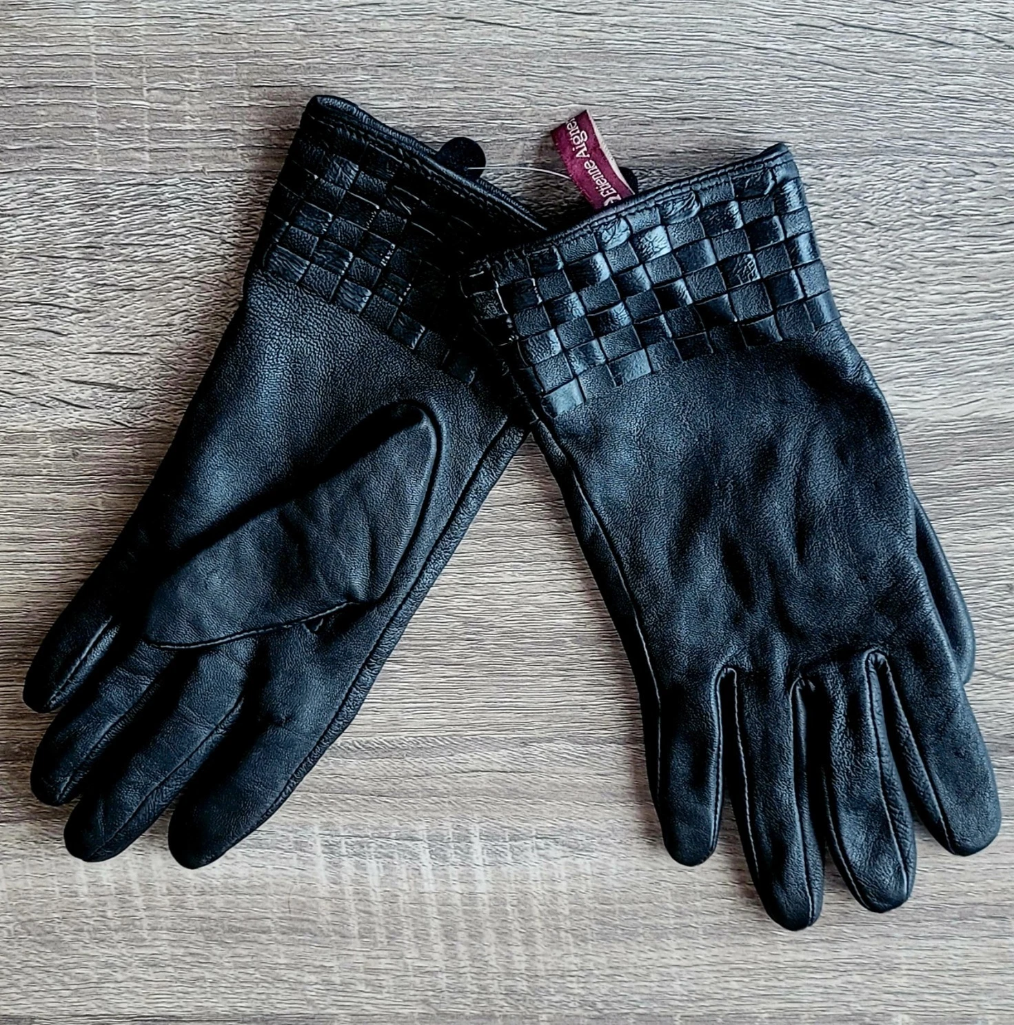 Etienne Aigner Women's Black Leather Gloves Size L Lined Woven Wrist Vintage