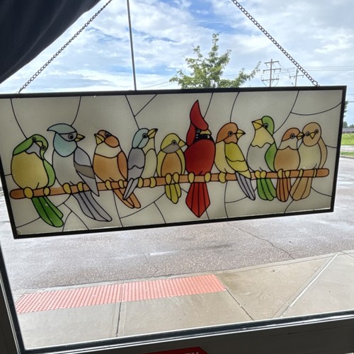Multicolor Birds on Branch Stained Glass Hanging Panel w/ Chain, Rectangle