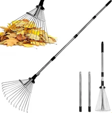Garden Rake for Leaves – Heavy Duty Metal Leaf Rake for Lawns with Adjustable 