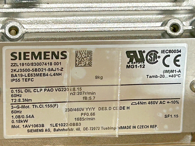 SIEMENS 2KJ3500-5BD21-9AJ1-Z Gearmotor, 230/460, .18kW, NEW in