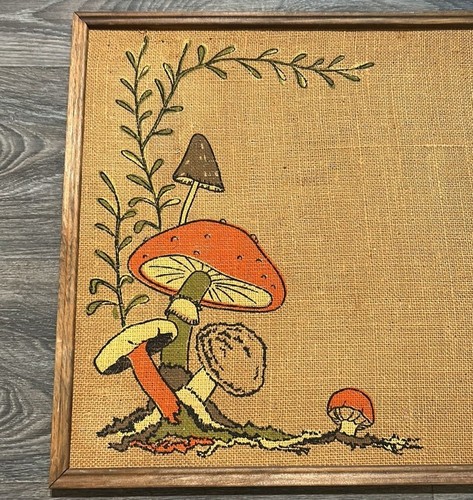 Vintage Tandy Mushroom Bulletin Memo Board Burlap Wall Hanging Size 18 x 24 70's - Picture 6 of 8