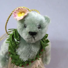 3.25 " Miniature Artist Bear Necklace with "Grass" Skirt "Lei" Sage Green Velvet