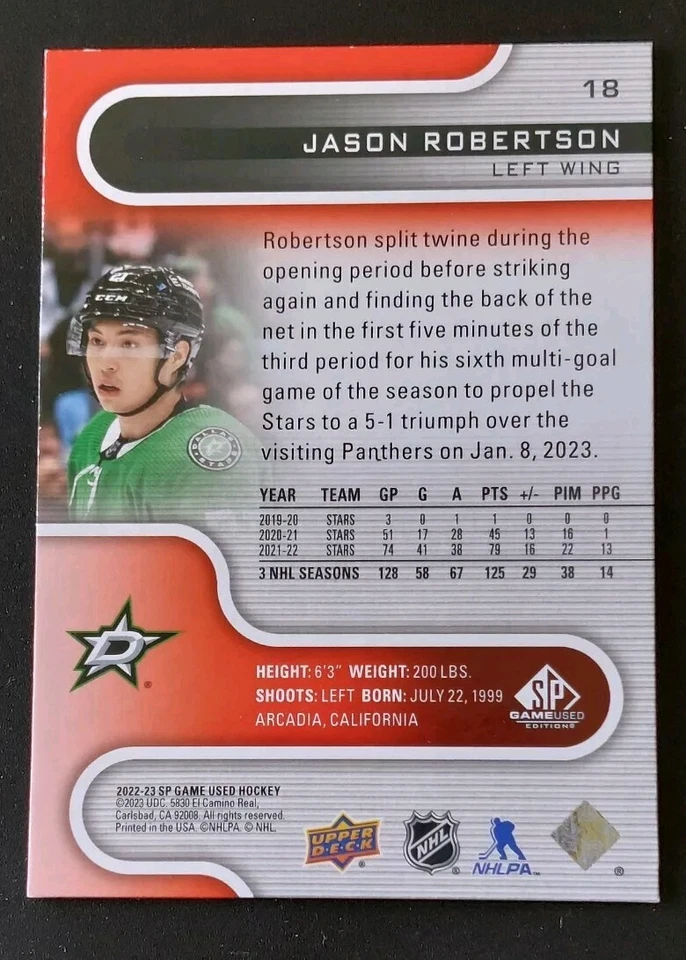 2022-23 SP Game Used Jason Robertson Red Parallel Card #18. 218/222 Dallas Stars - Image 2 of 3