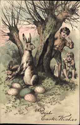 PFB Serie 5112 Easter Children Spy on Rabbits with Eggs Fantasy c1910 Postcard