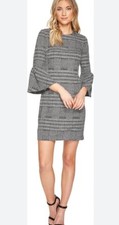 Calvin Klein Black White Houndstooth 3/4 Bell Sleeve Sheath Knit Dress Sz 4