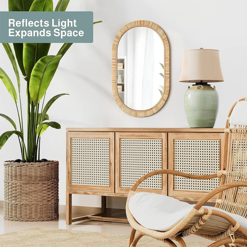 Rattan Bathroom Mirror – Rustic Farmhouse Style Handmade Wicker Rattan Frame - B - Image 3 of 4