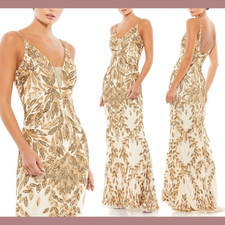 NWT Mac Duggal [ 4 ] 5107 Plunging V Neck Embellished Leaf Gown Nude Gold #J15