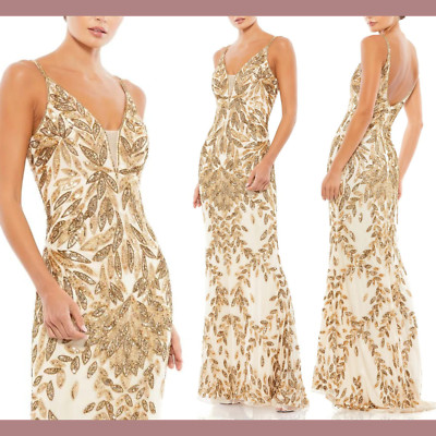 NWT $498 Mac Duggal [ 2 ] 5107 V Neck Embellished Leaf Gown Nude Gold #J438