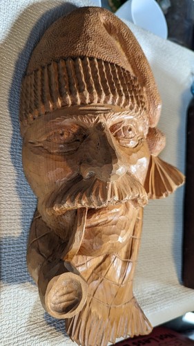 Old Sailor Smoking Pipe Wood Carving Bust Collectible Wall Decor -Natural 15" - Picture 8 of 8