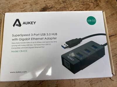 Aukey Super Speed 3-Port USB Hub mit Gigabit Ethernet Adapter. Modell CB-H15..