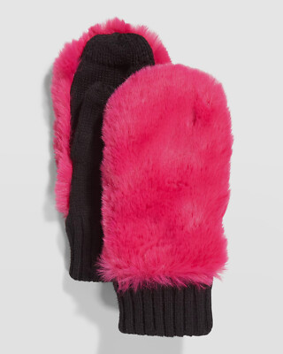$45 Surell Womens Pink Faux-Fur Ribbed Knit Mittens Gloves One Size