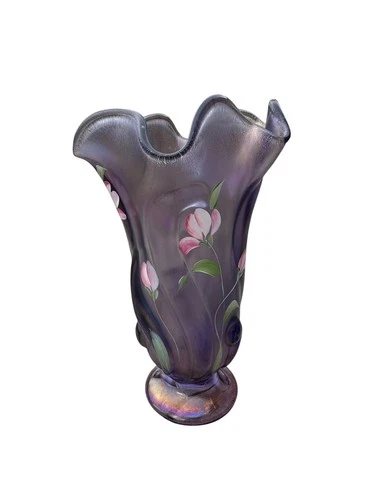 Vtg Fenton Opalescent “Tulip Delight” Glass Vase Hand Stretched Painted & Signed