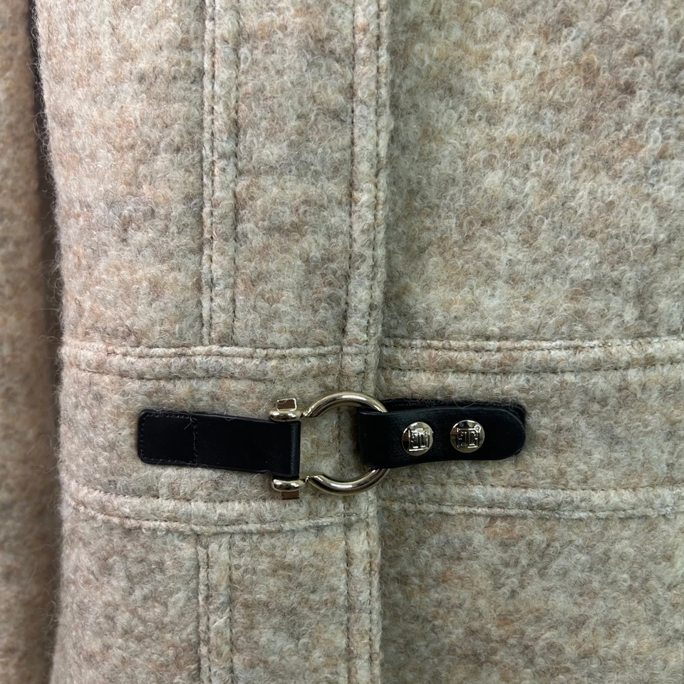 Abrigo de lana Ivanka Trump para mujer 16 beige hebilla de palanca imitación piel capucha chaqueta de invierno Foto 3 de 4