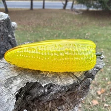 RARE BLENKO Hand blown Glass Corn #1904, Opaline Yellow w/Olive Stem and Sticker