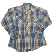 VTG Ely Plains Shirt 16.5-35 Plaid W/ Diamond Embroid Western Yoke Pearl Snap