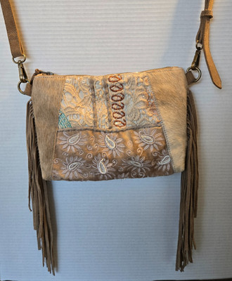 Shyanne Beige Cowhide Leather Embroidered Hide Fringe Western Crossbody Purse