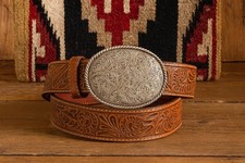 Tooled Brown Leather Western Belt Oval Buckle Removable Strap Full Grain Cowhide
