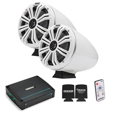 Kicker KMFC8W 8" Flat Mount White Tower Speakers with KXM4002 Marine Amplifier