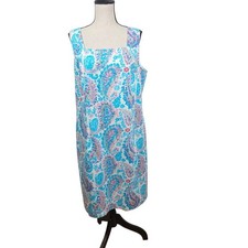 Talbots Shift Dress Womens 16 Blue Pink Paisley Floral Pique Sleeveless Sheath