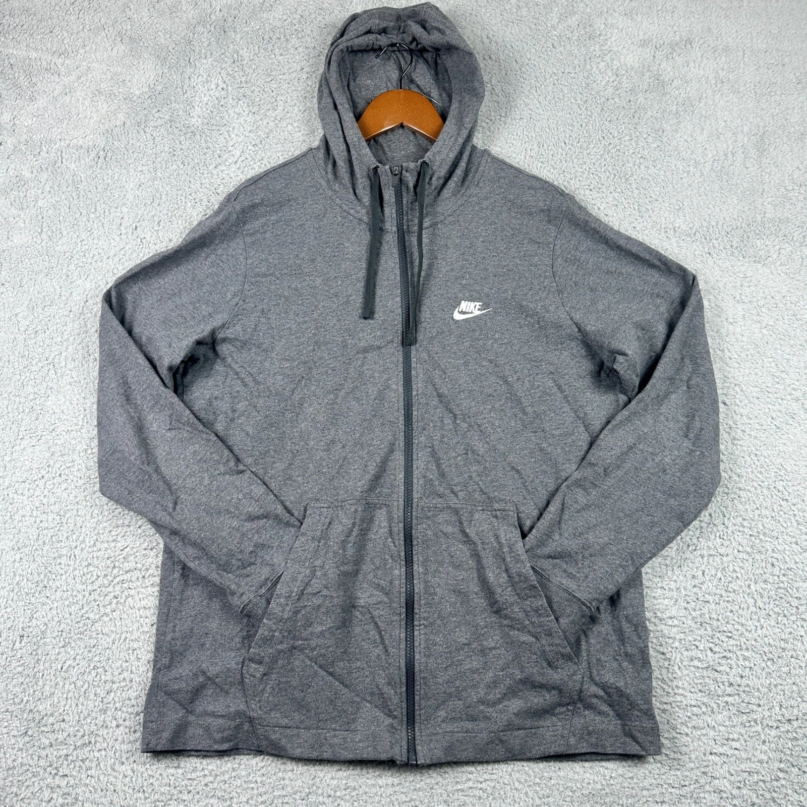 Nike Sportswear Full Zip Hoodie Mens XL Gray Lightweight Jersey Sweatshirt