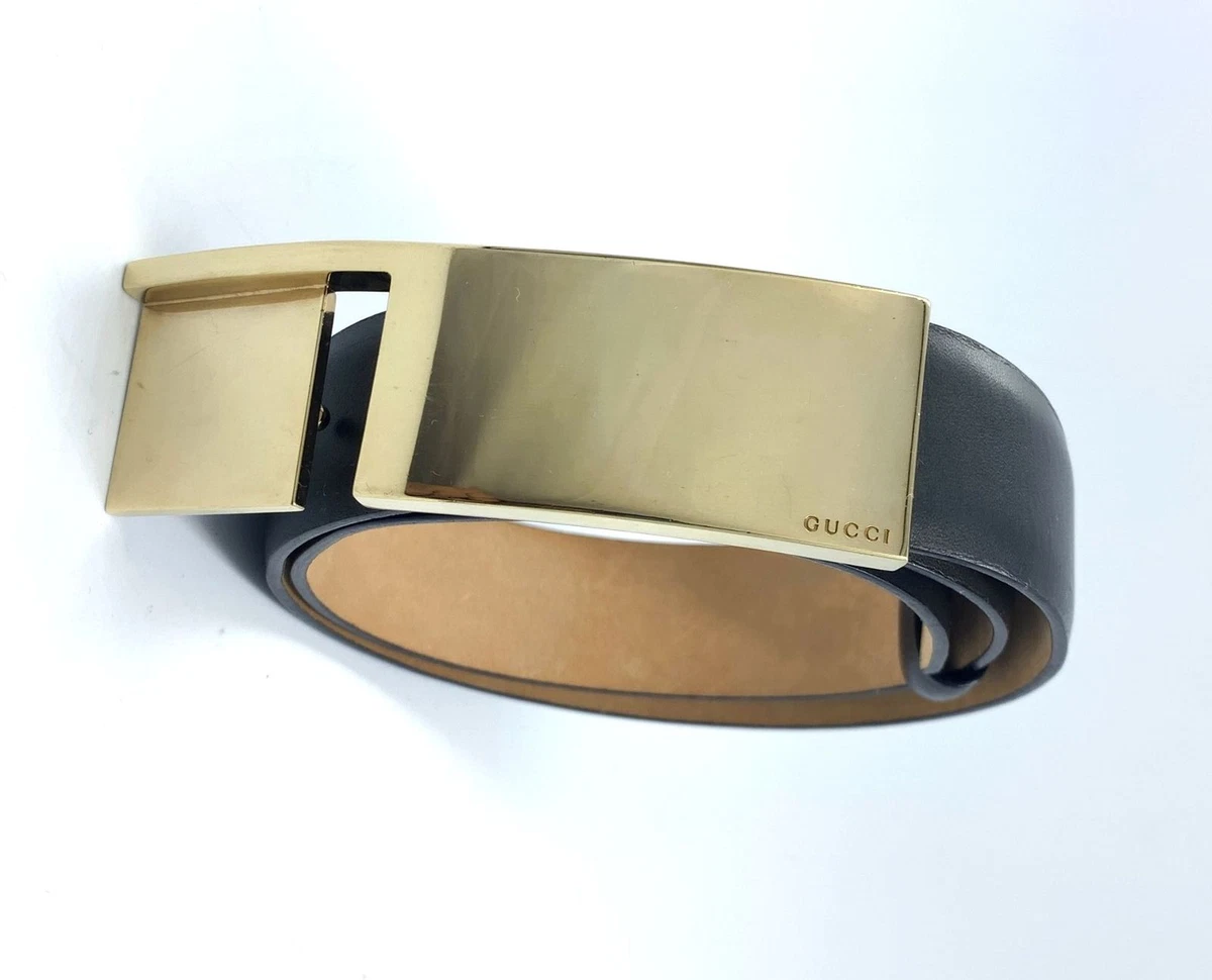 GUCCI Black Leather Gold Rectangular Buckle Hardware Belt 75 30
