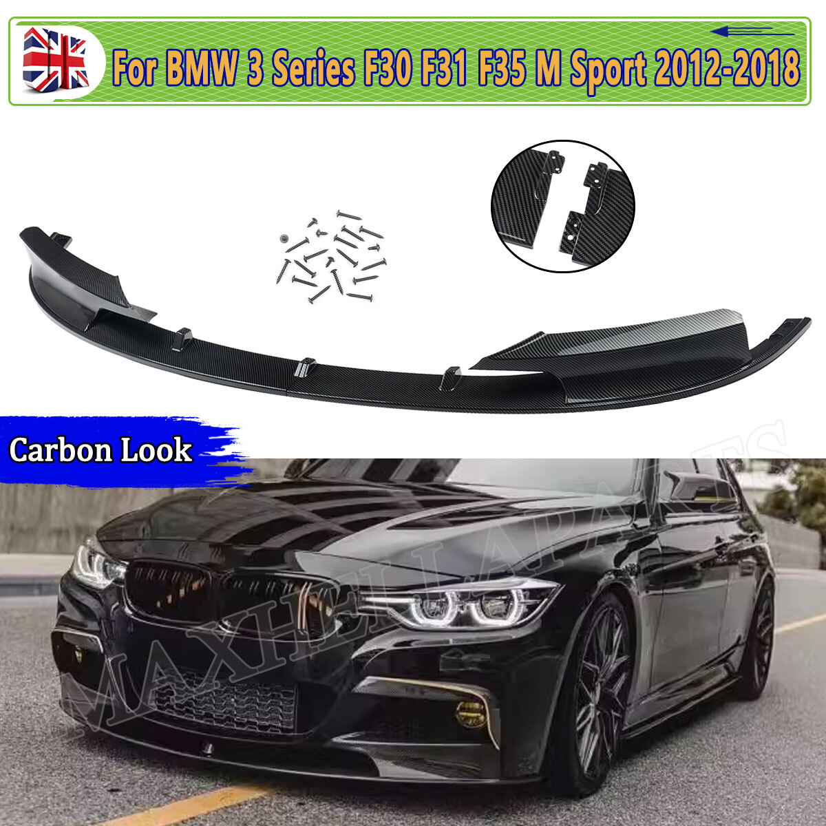 Gloss Black Front Bumper Lip Splitter For BMW F30 3 Series M Sport - 2012-2018
