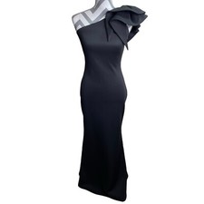 Betsy and Adam Gown Women Sz 4 Black Scuba Crepe One Ruffle Bow Shoulder Dress