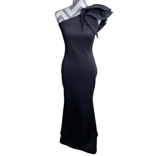 Betsy and Adam Gown Women Sz 4 Black Scuba Crepe One Ruffle Bow Shoulder Dress