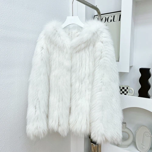 Women Real Fox Fur Knitted Coat Hooded Bat Sleeve Baggy Jacket Warm Outwear Tops - Picture 32 of 43