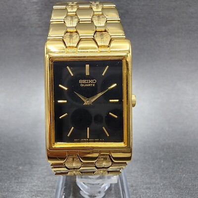 Seiko Tank Watch Men 23mm Black Dial Gold Tone Rectangle 4N00-6511