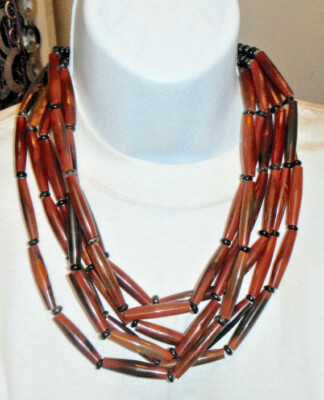 monies gerda lynggaard bib necklace amber color Wood beads multi strands Huge