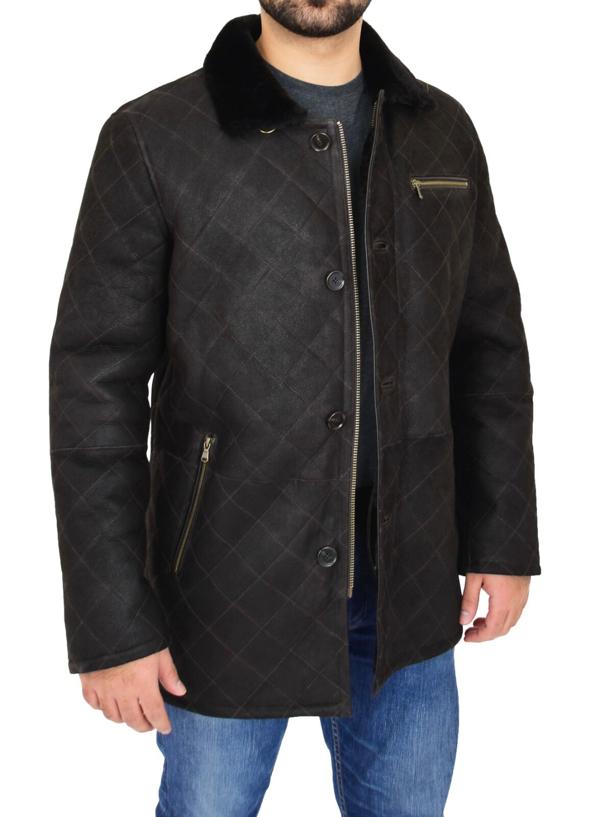 Mens Genuine Sheepskin Jacket Brown Designer Shearling 3/4 Long Quilted Car Coat image 7