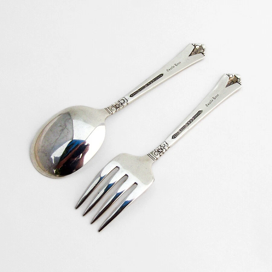 Castle Rose Baby Set Royal Crest Sterling Silver 1942 Mono eBay