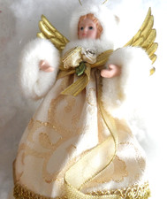 Vintage Christmas Tree Topper -PORCELAIN HEAD ANGEL w/GOLD & WHITE DRESS - 7"