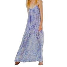 Show me your mumu, semi sheer purple print trapeze sleeveless maxi dress, sz M