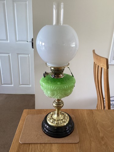 A Green Opaline Glass Duplex Oil Lamp.