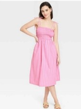 A New Day Pink Striped Midi Smocked Cotton Sundress Medium
