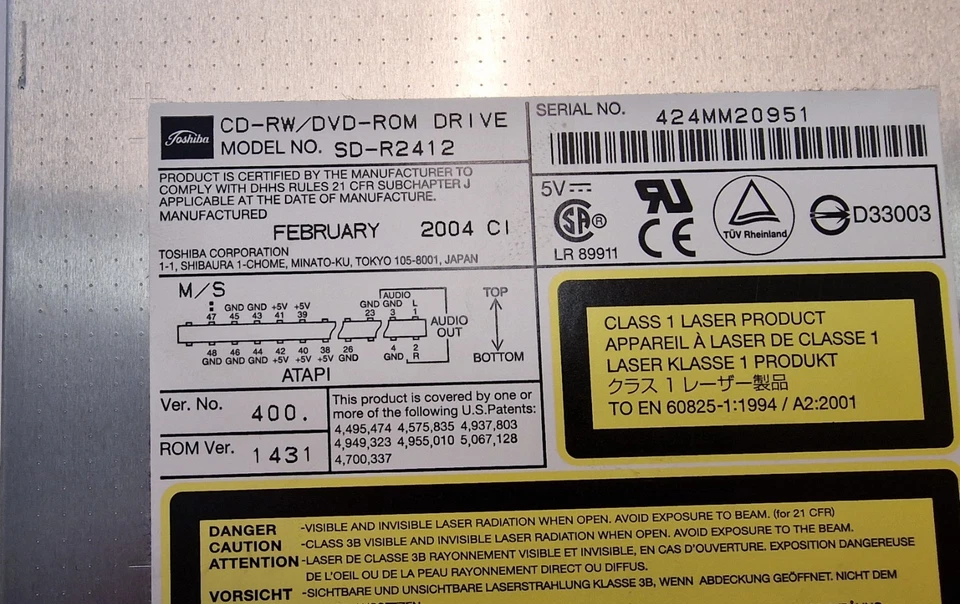 Toshiba IDE SLIMLINE CD-RW CD BRENNER SD-R2412 DVD ROM P/N K000005520  #K-458-10 - Bild 3 von 4
