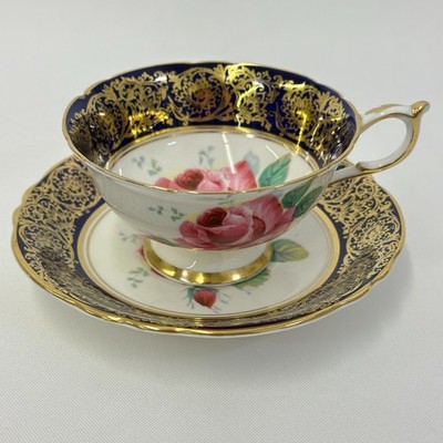 Paragon Double Warrant Rose Cobalt Gold Teacup & Saucer Fine Bone China England