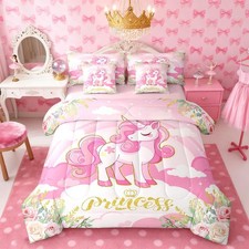 Lovely Unicorn Comforter Set Bed in a Bag 7 Pieces Twin,Pink Girly Princess A...