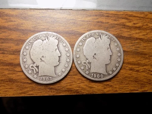 BARBER SILVER HALVES LOT OF 2 $1 FACE 90% COINS NICE LOT 1903 AND 1900 S MINTS