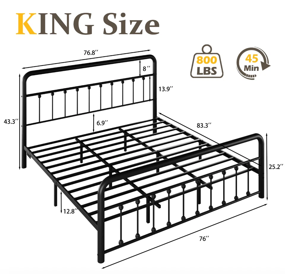 King Size Metal Headboard Footboard USB Port & LED Bed Antique Black Finish - Image 3 of 4