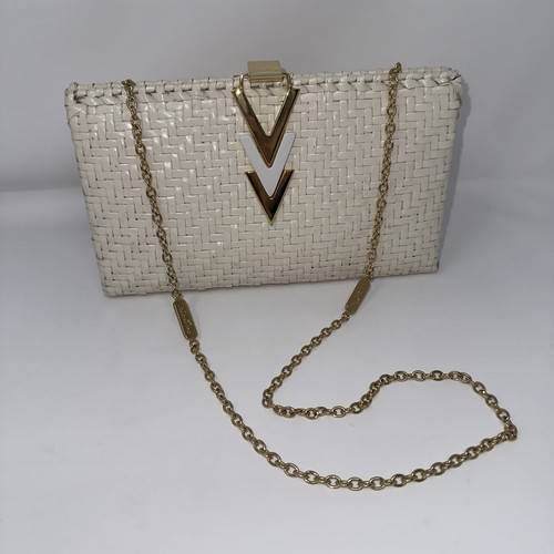 Vintage Mario VALENTINO Ivory Rattan Shoulder Bag Gold Chain Strap RARE Auth