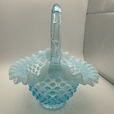Vintage FENTON Blue Opalescent Hobnail Ruffled Edge Glass Basket 8 Inch