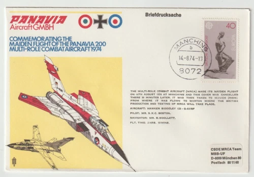 14/8/1974 UK GB Flown Cover - Maiden Flight of the Panavia 200 Multi-Role Combat