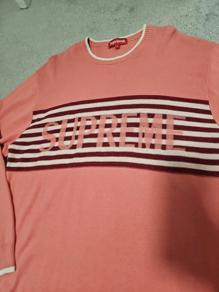 Supreme 20SS Chest Stripe Sweater Big Logo Sweater Coral Size Large Preowned  - Image 3 of 4