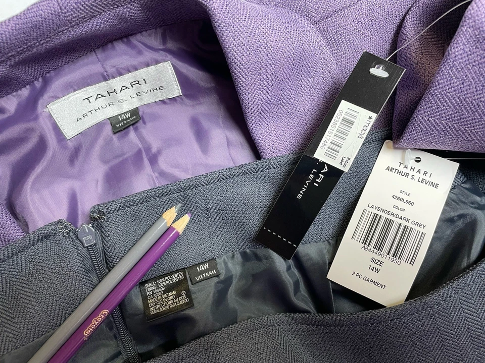 NUEVO $320 Tahari Arthur S Levine Falda Traje Talla 14W Conjunto de Dos Piezas Gris Púrpura Foto 2 de 4