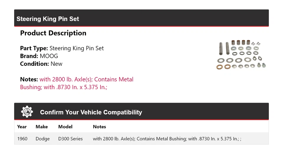 Juego de pasadores de dirección King serie D300 1960 MOOG Foto 2 de 4